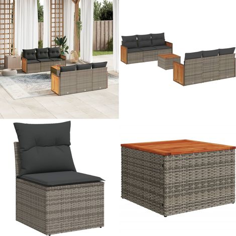 Set de sofás de jardín 7 piezas con cojines ratán PE gris - Cojines para sofás - Ratán sintético