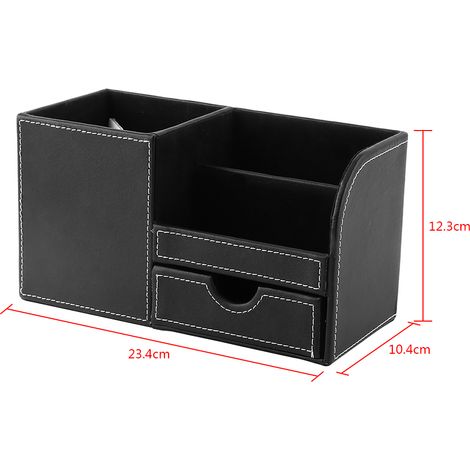 Organisateur Bureau en Bois & Cuir PU, Boîte Multifonction de Rangement, Porte-Stylo & Pencil Case Noir 23.4x10.4x12.3cm, 1Pc (1/5)