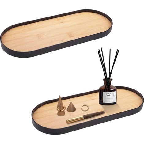 Lot de 2 Plateaux, Design Ovale, Bois Résistant, Noir, Pour Salle De Bain Et Salon