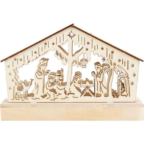 Presepe in legno con luci LED a luce calda, colore crema, funzionamento a batteria. (1/2)