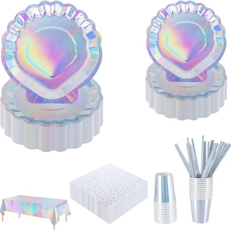 Ensemble de vaisselle de fête en coquillage argenté de 126 pièces pour 25 invités - assiette en papier de 9" et 7", tasse, serviette, paille, nappe - anniversaire irisé/fête prénatale/fête de (1/5)