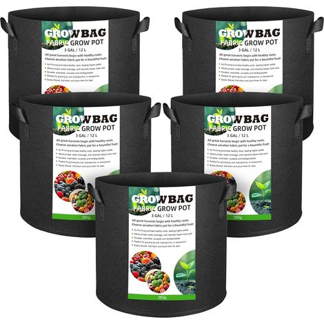 Sac de Plantation, Lot de 5 Pots de Culture de 12L, Pots en Tissu Non tissé Respirant avec poignées pour Pommes de Terre, tomates et Fraises (3 gallons 12L) (1/5)