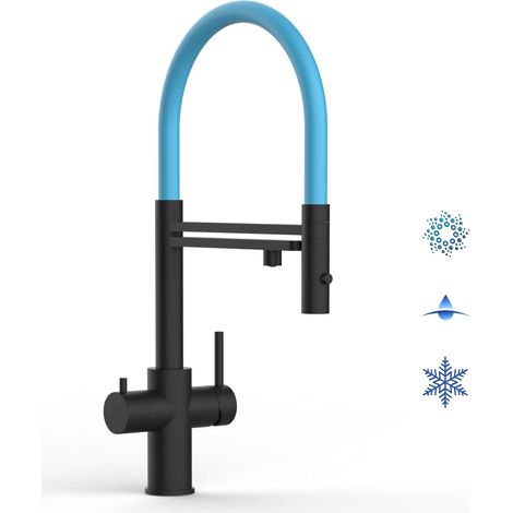 Rubinetto 5 VIE miscelatore lavello cucina in ACCIAIO INOX, canna girevole 360° e doccetta 2 getti movibile, PVD Nero Opaco / Azzurro (1/5)