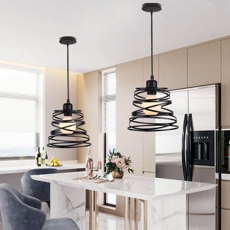 – Lot de 2 lustres suspension E27 20cm – Lampe de plafond cage métal noir – Style rétro industriel – Câble ajustable 100cm (1/5)