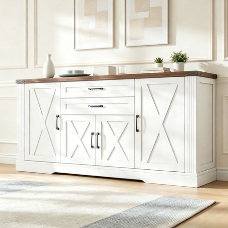 Credenza contenitore 160x39x81,5 cm, 4 ante e 2 cassetti, ripiani regolabili, piano resistente bianco e legno (1/5)