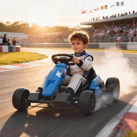 Kart électrique 24 V, mode drift, siège réglable, harnais de sécurité 5 points, fonction musique, klaxon, 6-12 ans, bleu (1/5)