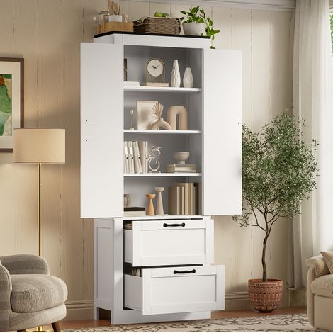 Mobile alto da cucina 60x30x168 cm con 2 ante, 2 cassetti e ripiani regolabili bianco DESVIAE (1/5)