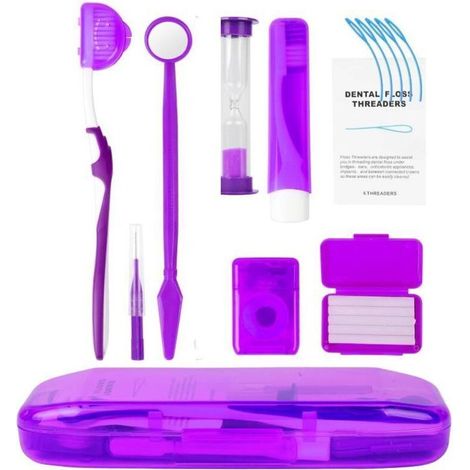 Kit de soins orthodontiques, kit de nettoyage orthodontique portable 8 pièces, kit de voyage orthodontique (violet) (1/4)