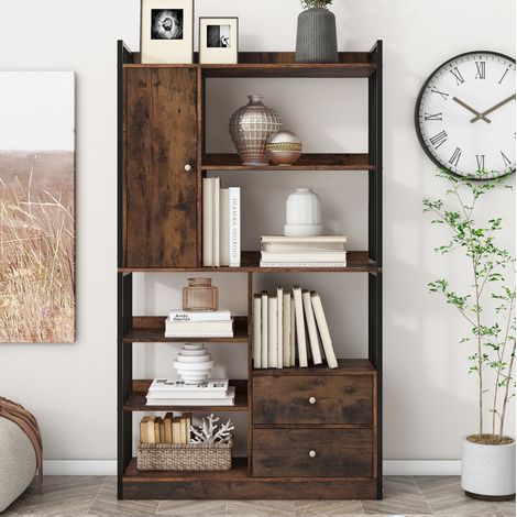 Biblioteca 100x30x173,5 cm de madera y acero marrón y negro, con almacenaje FloraGrace (1/5)