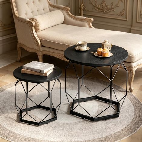 Lot de 2 tables basses rondes - 50x50x45 cm - Tables d'appoint fixes paniers de rangement coffre amovible metal - Noir (1/5)