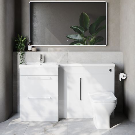 Napoli 390 Gloss White 1500mm 2 Drawer Vanity Unit Toilet Suite with Left Hand Square Lucia Basin - 1500mm - Chrome 320mm HandleWith Kingston Toilet Pan and Seat