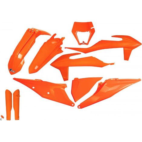 KIT COMPLETO DI PROTEZIONI IN PLASTICA UFO CON AMMORTIZZATORI TELESCOPICI PER KTM EXC 125 '20-'21, EXC 250 / 300 TPI '20-'23, EXC-F 250 / 350 / 450 / 500 '20-'23 ARANCIONE
