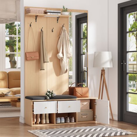 Ensemble armoire haute multifonctionnelle en bois (120 x 40 x 200 cm), comprenant un porte-manteau avec miroir, un banc à chaussures, un coussin, un meuble à chaussures, un tiroir, une étagère et des (1/5)