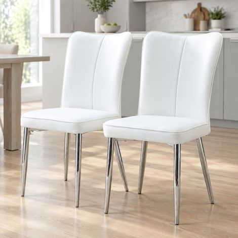 Lot de 2 chaises de salle à manger en cuir régénéré blanc, dossier ergonomique, assise confortable, pieds en métal argenté réglables, pour cuisine, bureau ou restaurant – CHICFURN (1/5)