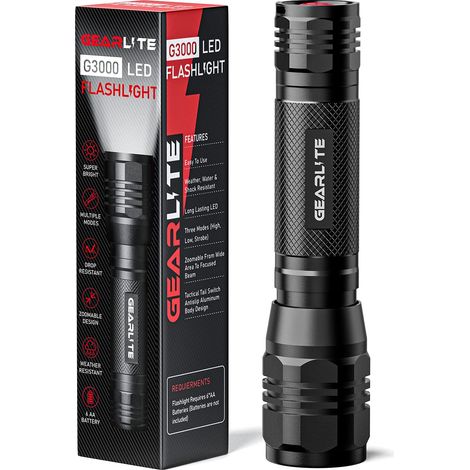 Lampe torche LED ultra-puissante, lampe tactique G3000 avec 3 modes et longue autonomie, étanche IP65, zoomable, idéale pour le camping, la randonnée et les enfants. (1/5)