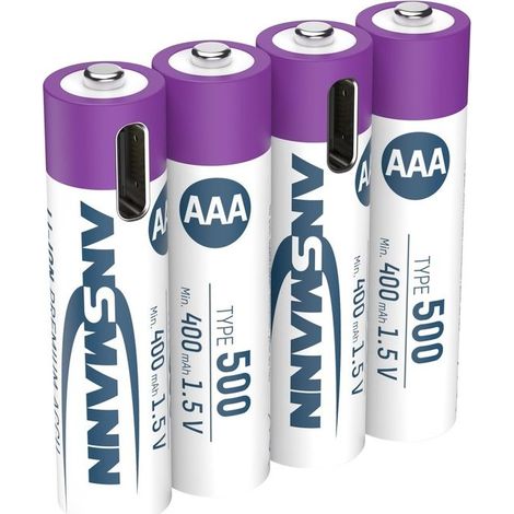 Pacchetto di 4 batterie Li-Ion 1,5V 500mAh AAA con ricarica USB-C