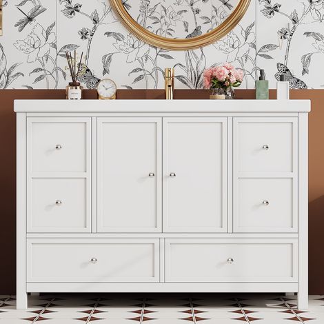 URBAN MEUBLE Meuble de Salle de Bain 120cm avec Vasque en Résine, 4 Tiroirs et 2 Portes Soft-Close, Blanc (robinet non inclus)