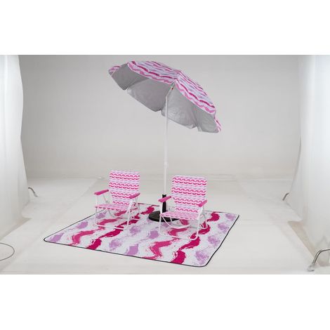 Ensemble de Plage 4 Pièces avec Parasol, 2 Chaises Pliables et Tapis de Pique-Nique, Parasol Portable Inclinable, Sac de Transport, Rose