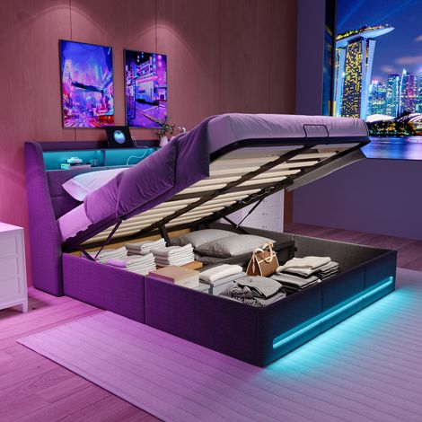JOOKGBD-Polsterbett 140x200 cm mit LED-Kopfteil,Doppelbett mit USB und Lattenrost,Jugendbett,Hydraulischem Stauraum mit 4 Schubladen und Metallrahmen,Leinenstoff,Grau,Ohne Matratze