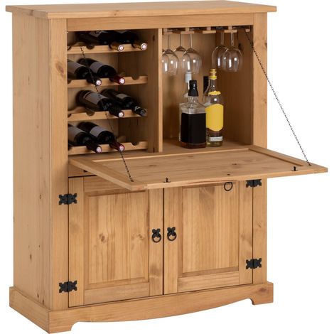 Idimex – Meuble bar à vin en pin massif – Finition cirée antique – Compartiment supérieur avec plateau relevable – 4 étagères porte-bouteilles pour 16 bouteilles (1/5)