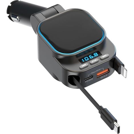 Compatible avec iPhone 16, 15, 14, 13 et 12 - Chargeur de voiture rétractable 96 W avec adaptateur Bluetooth, charge rapide 4 en 1, radio Bluetooth 5.3 avec émetteur FM, appels mains libres, adaptateu (1/5)