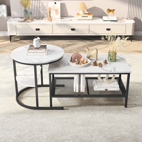 Satztische 2er Set im modernen Design, Couchtische mit Marmoroptik und goldfarbenem Gestell, Metall/Marmoroptik, Schwarz