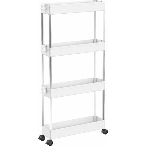 Chariot de Rangement Mince à 4 Niveaux Organisateur d'Étagère Mobile Rangement Coulissant Chariot Utilitaire Roulant Support Tour pour Cuisine Salle de Bains Blanchisserie Endroits Étroits, Plastique (1/5)