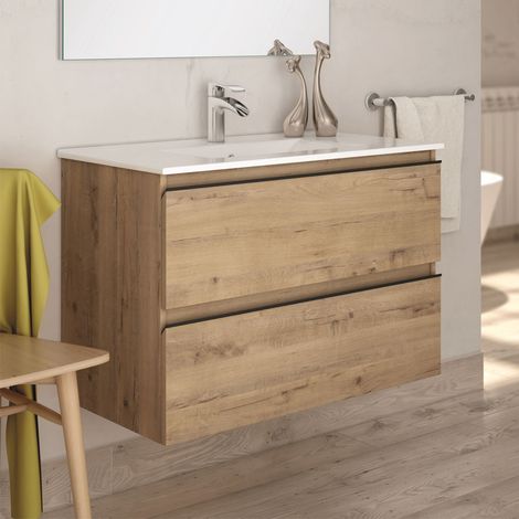 Meuble de salle de bain 80cm simple vasque - 2 tiroirs - sans miroir - roble (chêne clair) - TOURA (1/3)