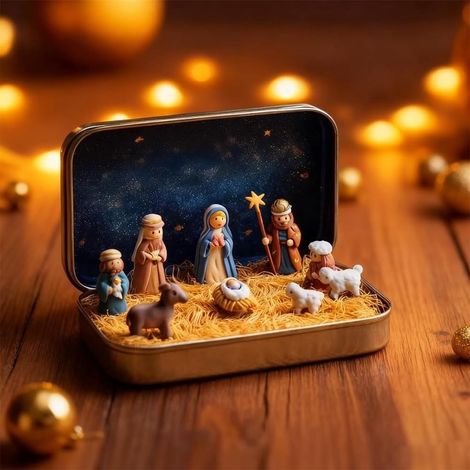 Crèche De Noël Miniature - Boîte Métallique - Figurines Famille Sainte En Résine - Décoration Religieuse Pour Maison Bureau Voyage - 1 Pièce (1/5)