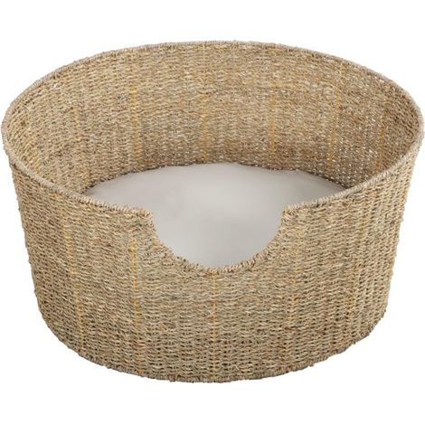 Panier Rond pour Chien/Chat en jonc de mer Coussin Inclus, Taille M/L diamètre 55 cm, Couchage pour Animal de Compagnie Effet Osier (1/5)