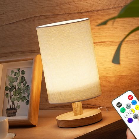 Lampe de chevet minimaliste de style nordique moderne, en bois, veilleuse LED à lumière chaude à intensité variable, petite lampe de table avec télécommande, beige. (1/5)
