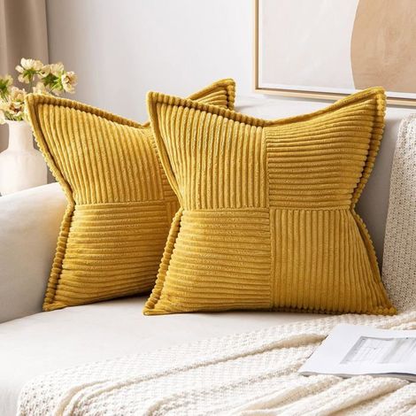 Coussin Canapé 40 x 40cm Curcuma Lot de 22 Patchwork, Velours Côtelé, Bordouré, Fermeture Invisible, Canapé, Lit, Fauteuil, Salon (1/4)