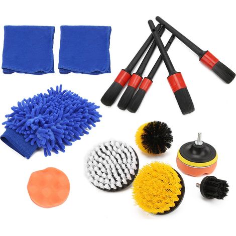 Kit de 15 pièces pour le nettoyage automobile, comprenant brosse rotative, chiffon de polissage, gant de lavage et brosse pour jantes, tableau de bord et moteur. (1/5)