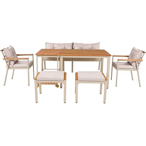 Salon de jardin table et chaises en bois d acacia 6 7 places fauteuils chariot de salle a manger amovible housse lavable tissu amovible beige (1/5)