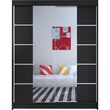 Armario Closico Vastor V, Negro, 200x150x58cm, Puertas de armario: Correderas, Número de estantes: 5 (1/4)