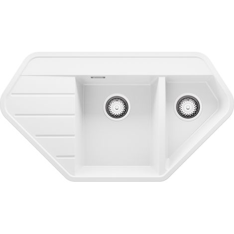 PRIMAGRAN Evier d'angle en Granit 90x50cm, Lavabo Cuisine 1,5 bacs + Kit de Vidage, Évier à Encastrer au meuble 80cm - Copenhague Corner, Blanc (1/5)