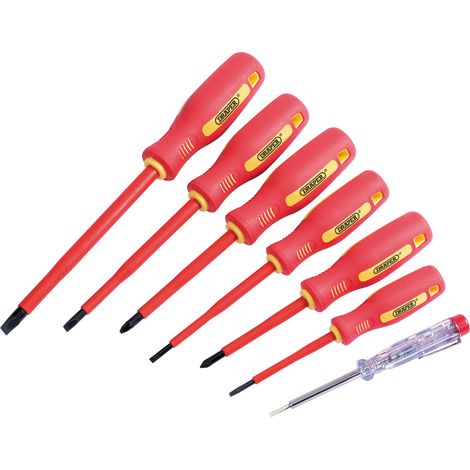 Draper 7-Piece Fully Insulated Screwdriver Set with Mains Tester – VDE Approved Soft Grip Insulated Screwdrivers (1/5)