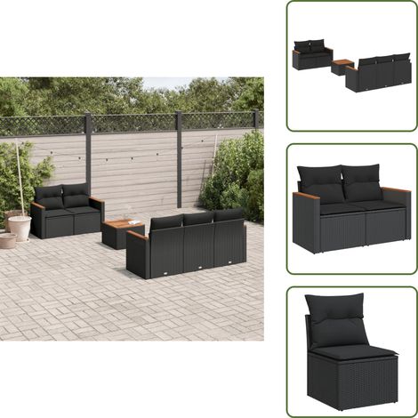 The Living Store Salon de jardin 6 pcs avec coussins noir résine tressée - Ensemble Salon De Jardin - Mobilier Extérieur - Canapé Jardin - Table Basse Jardin - Chaise Lounge