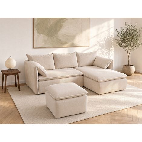 Canapé d'angle droit convertible et pouf en velours côtelé beige TEODORA (1/5)