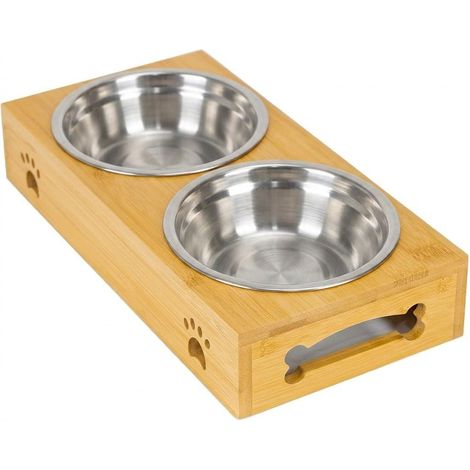 Gamelle pour animaux (chien/chat), gamelle double épaisseur amovible en acier inoxydable, support antidérapant en bambou (acier inoxydable, double paroi) (1/5)