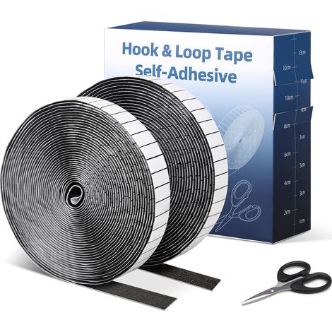 Scratch Autocollant Double Face 2 rouleaux (8m x 2cm), Bande Scratch Adhésive avec ciseaux et support quadrillé, pour bricolage, fixation murale, moustiquaire fenetre (Noir) (1/5)