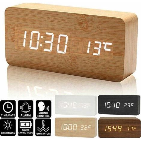 Digitale LED-Uhr aus Holz mit Wecker, Zeitanzeige, Temperaturanzeige, Kalender und USB-Anschluss – Bambusholzfarbe