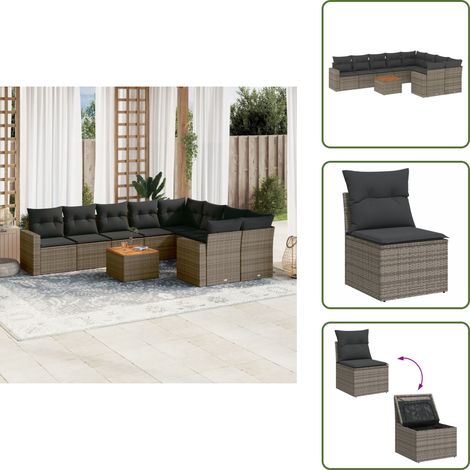 The Living Store 10-tlg. Garten-Sofagarnitur mit Kissen Grau Poly Rattan - Gartenmöbel Set - Lounge Möbel - Outdoor Möbel - Rattan Gartenmöbel - Wetterfeste Gartenmöbel (1/5)