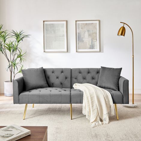 Canapé 2 places gris en velours, dossier réglable 3 positions, 2 coussins inclus, pieds métal doré, canapé moderne pour salon petit espace (1/5)