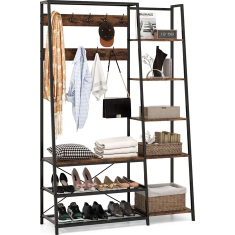 COSTWAY 5-in-1 Entryway Bench Industrial Coat Rack Shoe Bench with 9 Hooks (1/5)