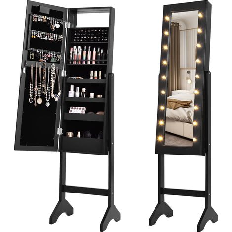 COSTWAY 18 LEDs Jewelry Cabinet Floor Standing Jewelry Storage Organizer Black (1/5)