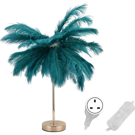 Lampe de table G4 en plumes d'autruche, veilleuse, lampe de chevet décorative pour chambre à coucher, chambre nuptiale, vert foncé, prise britannique 230 V (1/5)