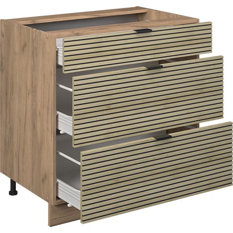 Mobiletto base per cucina Fame-Line, Pannello in quercia, 80 cm con 3 cassetti, senza AP, Vicco