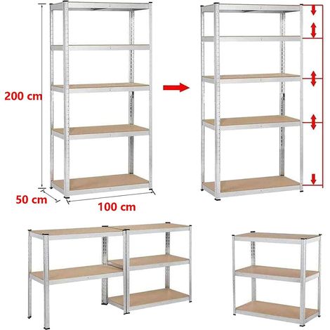 Dayplus – Étagère de garage galvanisée 200x100x50cm – 5 niveaux – Charge maximale 875 kg – Acier et MDF – Montage sans vis ni boulons