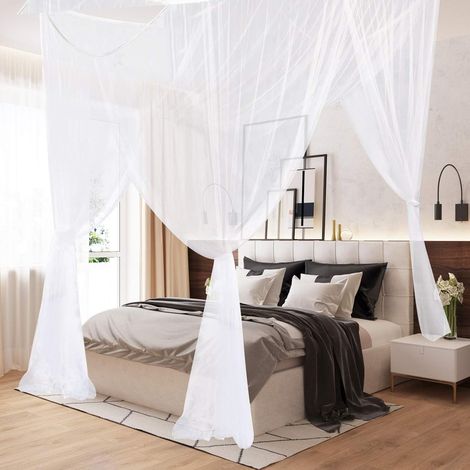 Zanzariera per letto king size, baldacchino a quattro tende per lettino per neonati e adulti, ideale per campeggio e giardino, bianco (1/4)